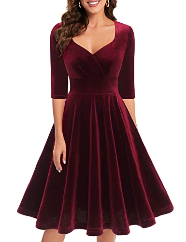 Bbonlinedress Samtkleid Damen elegant Knielang V-Ausschnitt Langarm Winterkleider Festliche Kleider Party Cocktailkleid Weihnachtskleider Burgundy S von Bbonlinedress