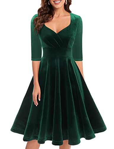 Bbonlinedress Samtkleid Damen elegant Knielang V-Ausschnitt Langarm Winterkleider Festliche Kleider Party Cocktailkleid Weihnachtskleider Dark Green 2XL von Bbonlinedress