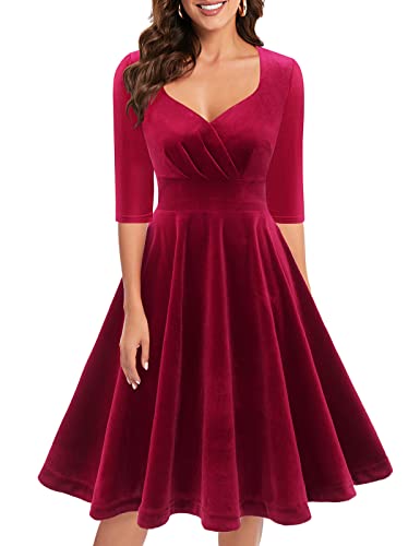 Bbonlinedress Samtkleid Damen elegant Knielang V-Ausschnitt Langarm Winterkleider Festliche Kleider Party Cocktailkleid Weihnachtskleider Dark Red S von Bbonlinedress