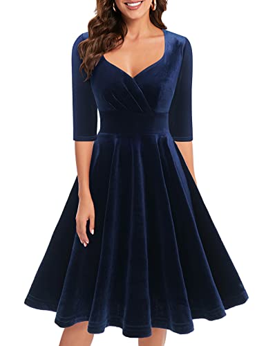 Bbonlinedress Samtkleid Damen elegant Knielang V-Ausschnitt Langarm Winterkleider Festliche Kleider Party Cocktailkleid Weihnachtskleider Navy 2XL von Bbonlinedress