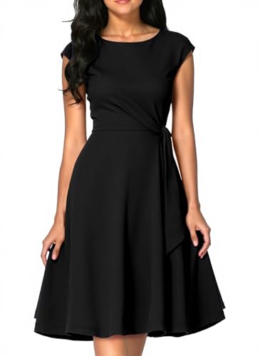 Bbonlinedress Schwarzes Kleid Damen Rundhals festliches Sommerkleid Kurzarm Abendkleider elegant für Hochzeit Vintage Cocktailkleid Black L von Bbonlinedress