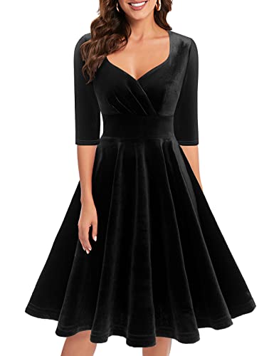 Bbonlinedress Schwarzes Kleid Damen Winterkleid Festliche Kleider 3/4 arm V-Ausschnitt Samtkleider Midilang Abendkleid lang Elegant Black L von Bbonlinedress