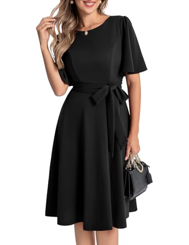 Bbonlinedress Schwarzes Kleid Damen Sommerkleid midilang festliches Kleid Kurzarm Abendkleider elegant für Hochzeit Vintage Cocktailkleid Black 2XL von Bbonlinedress