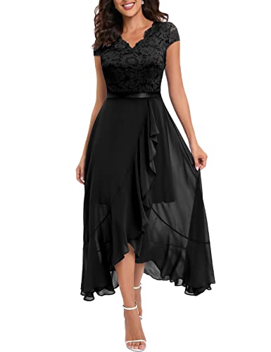 Bbonlinedress Schwarzes Kleid Damen Abendkleid lang Elegant Winter Cocktail Spitze Chiffon Hochzeit Brautkleid Weihnachtskleid Party Ballkleid Black 2XL von Bbonlinedress