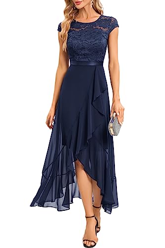 Bbonlinedress Winterkleid Damen Abendkleider elegant für Hochzeit Rundhals Spitze Vokuhila Chiffon Brautkleid Party Abschlusskleid lang Ballkleid Weihnachtskleid Navy L von Bbonlinedress