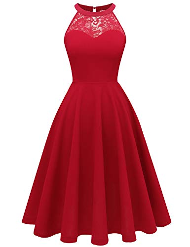 Bbonlinedress Sommerkleid Damen Abendkleider elegant für Hochzeit festliches Kleid Neckholder Brautkleid Konfirmationskleider Cocktailkleid Rotes Kleid Red XL von Bbonlinedress