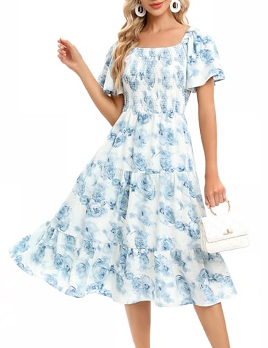 Bbonlinedress Sommerkleid Damen Blumendruck Freizeitkleider Casual Floral Boho midilang Strandkleid elegant leicht Blumenkleid Blue Flower S von Bbonlinedress