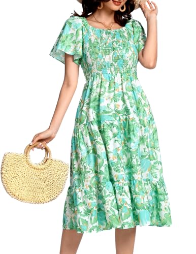 Bbonlinedress Sommerkleid Damen Blumendruck Freizeitkleider Casual Floral Boho midilang Strandkleid elegant leicht Blumenkleid Green Blue Flower S von Bbonlinedress