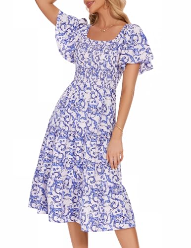 Bbonlinedress Sommerkleid Damen Blumendruck Freizeitkleider Casual Floral Boho midilang Strandkleid elegant leicht Blumenkleid White Blue Flower M von Bbonlinedress
