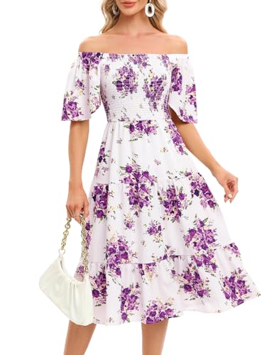 Bbonlinedress Sommerkleid Damen Blumendruck Freizeitkleider Casual Floral Boho midilang Strandkleid elegant leicht Blumenkleid White Purple Rose S von Bbonlinedress