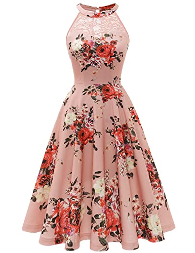 Bbonlinedress Sommerkleid Damen Neckholder Blumendruck Kleid Cocktail Festliche Kleider Brautkleid konfirmationskleider Abendkleider elegant für Hochzeit Blush Flower 2XL von Bbonlinedress