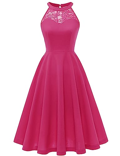 Bbonlinedress Sommerkleid Damen Neckholder Kleid Cocktail Festliche Kleider Brautkleid konfirmationskleider Abendkleider elegant für Hochzeit Rose 2XL von Bbonlinedress