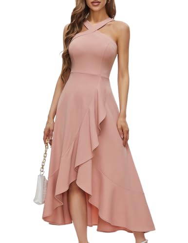 Bbonlinedress Sommerkleid Damen lang Abendkleider elegant für Hochzeit Brautjungfernkleider Neckholder High Low Cocktailkleid Party Strandkleid Blush XL von Bbonlinedress
