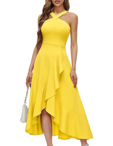 Bbonlinedress Sommerkleid Damen lang Abendkleider elegant für Hochzeit Brautjungfernkleider Neckholder High Low Cocktailkleid Party Strandkleid Yellow XS von Bbonlinedress