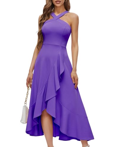 Bbonlinedress Herbstkleid Damen lang Abendkleider elegant für Hochzeit festliches Kleid Neckholder High Low Cocktailkleid Party Strandkleid Lavender XS von Bbonlinedress