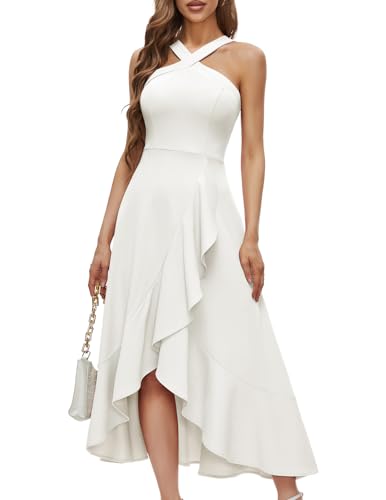 Bbonlinedress Sommerkleid Damen lang Abendkleider elegant für Hochzeit weißes Kleid Neckholder High Low Cocktailkleid Party Strandkleid White L von Bbonlinedress