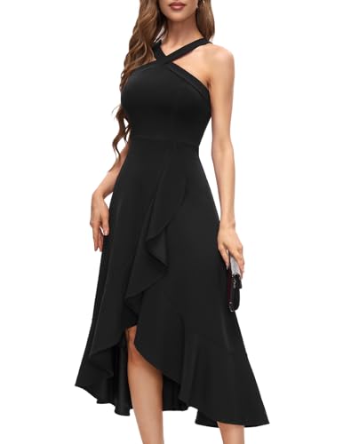 Bbonlinedress Abendkleider elegant für Hochzeit Herbstkleid Damen lang Strandkleid Neckholder festliches Kleid High Low Party Cocktailkleid Black S von Bbonlinedress