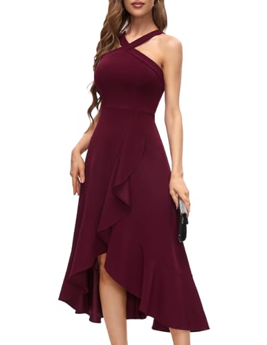 Bbonlinedress Abendkleider elegant für Hochzeit Herbstkleid Damen lang Strandkleid Neckholder festliches Kleid High Low Party Cocktailkleid Burgundy XS von Bbonlinedress