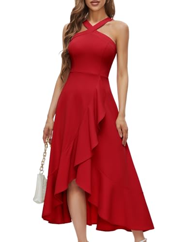 Bbonlinedress Abendkleider elegant für Hochzeit Herbstkleid Damen lang Strandkleid Neckholder festliches Kleid High Low Party Cocktailkleid Red 2XL von Bbonlinedress