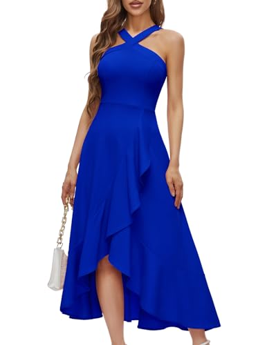 Bbonlinedress Abendkleider elegant für Hochzeit Herbstkleid Damen lang Strandkleid Neckholder festliches Kleid High Low Party Cocktailkleid Royal Blue L von Bbonlinedress