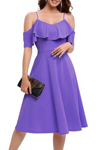 Bbonlinedress Sommerkleid Damen lang Schulterfrei Brautjungfernkleider elegant Cocktailkleid midilang Partykleid festliches Trägerkleid mit Rüschen Lavender S von Bbonlinedress