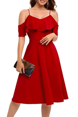 Bbonlinedress Sommerkleid Damen lang Schulterfrei Brautjungfernkleider elegant Cocktailkleid midilang Partykleid festliches Trägerkleid mit Rüschen Red XS von Bbonlinedress