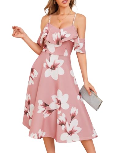 Bbonlinedress Sommerkleid Damen midilang Schulterfrei Brautjungfernkleider elegant Cocktailkleid Partykleid festliches Trägerkleid mit Blumendruck Blush White Flower M von Bbonlinedress