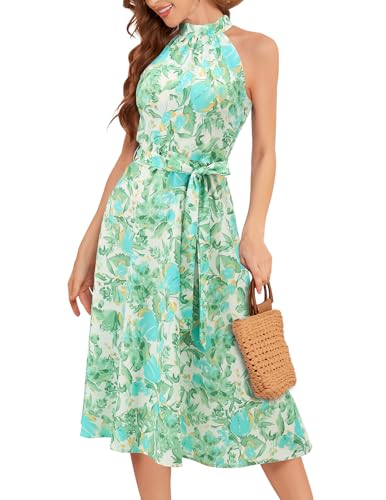 Bbonlinedress Sommerkleid Damen lang elegant Blumendruck Freizeitkleider Neckholder Casual Floral Boho Strandkleid Party Cocktailkleid Green Blue Flower M von Bbonlinedress