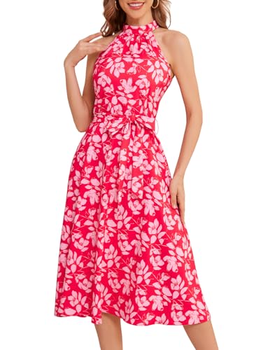 Bbonlinedress Sommerkleid Damen lang elegant Blumendruck Freizeitkleider Neckholder Casual Floral Boho Strandkleid Party Cocktailkleid Red Flower M von Bbonlinedress