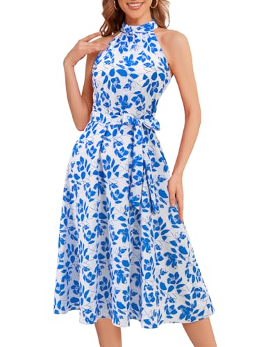 Bbonlinedress Sommerkleid Damen lang elegant Blumendruck Freizeitkleider Neckholder Casual Floral Boho Strandkleid Party Cocktailkleid White Small Blue Flower S von Bbonlinedress