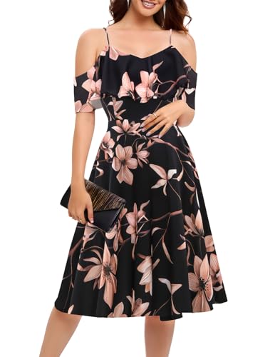 Bbonlinedress Cocktailkleid Damen Herbstkleid midilang elegant Party festliches Trägerkleid Schulterfrei Brautjungfernkleider mit Blumendruck Black Magnolia Flower 2XL von Bbonlinedress