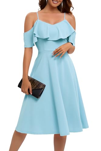 Bbonlinedress Sommerkleid Damen midilang Schulterfrei Brautjungfernkleider elegant Cocktailkleid hellblaues Partykleid festliches Trägerkleid Strandkleid Blue 2XL von Bbonlinedress