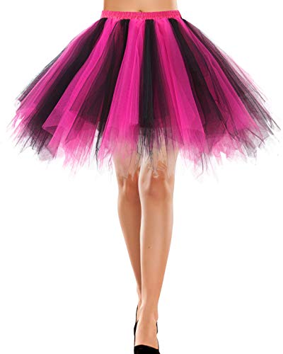 Bbonlinedress Tutu Tüllrock Petticoat Unterrock Rock 50er Vintage Ballet Blase Tanzrock Tanzkleid Ballkleid Kurz Retro Rock Knielang Tüll Rockabilly Weiss Petticoat Black Fuschia XL von Bbonlinedress