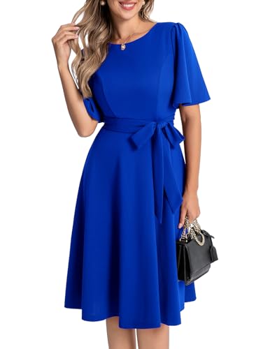 Bbonlinedress Abendkleider elegant für Hochzeit Sommerkleid Damen elegant Kurzarm festliches Kleid midilang Party Cocktailkleid mit Gürtel Royal Blue S von Bbonlinedress