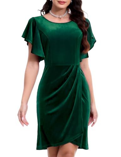 Bbonlinedress Weihnachtskleider Damen Bodycon Kleider Knielang Festliche Samtkleider elegant Plissee Winterkleid Cocktailkleid Dark Green XL von Bbonlinedress