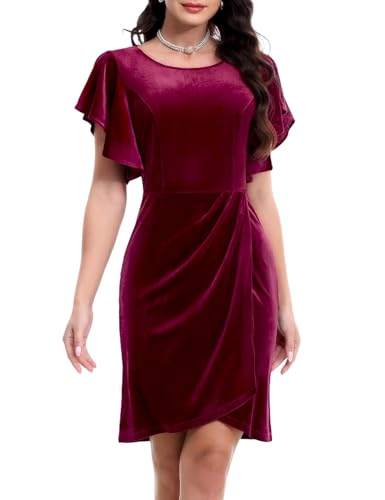 Bbonlinedress Winterkleid Damen Bodycon Festliche Kleider Kurzarm Samtkleider Knielang Abendkleid elegant Plissee Weihnachtskleider Burgundy L von Bbonlinedress