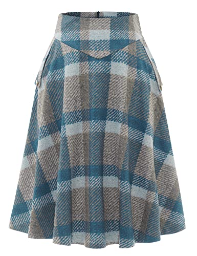 Bbonlinedress Winterrock Rock Damen Lang Vintage Elegant Plaid Winterrock Warm Elastische Taille A Linie Röcke Casual Rock Hohe Taille Midi Rock Blue Grey Plaid S von Bbonlinedress