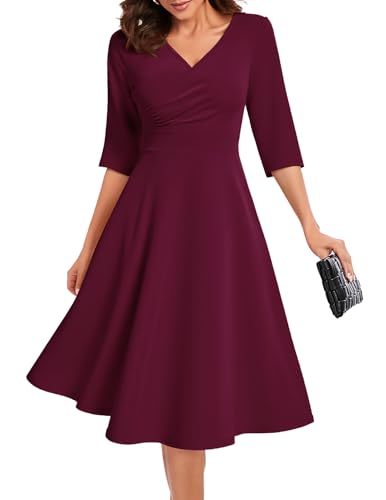 Bbonlinedress Sommerkleid Damen lang Abendkleider elegant für Hochzeit festliches Kleid Party Cocktailkleid Rockabilly Kleider Burgundy L von Bbonlinedress