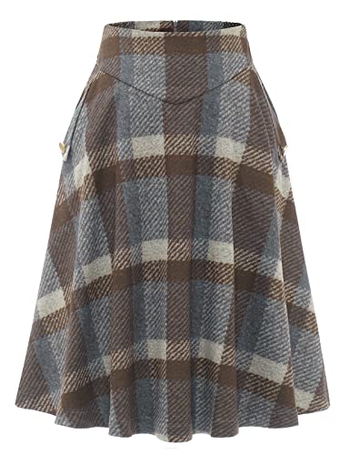 Damen Lang Vintage Elegant Plaid Winterrock - Warm Elastische Taille A-Linie Röcke - Hohe Taille Midi Rock in Braun Grau Kariert, Größe M von Bbonlinedress