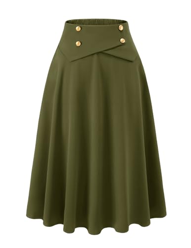 Grüner Rock Damen midilang Vintage A-Linie Röcke Tellerrock Basic Casual Rock Hohe Taille Freizeitrock mit Taschen Army Green XL von Bbonlinedress