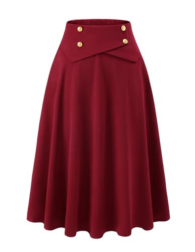 Rock Damen Herbst midilang Vintage Rock Basic Casual Röcke A-Linie Tellerrock Hohe Taille Freizeitrock mit Taschen Burgundy L von Bbonlinedress