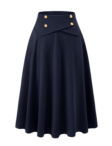 Rock Damen Herbst midilang Vintage Rock Basic Casual Röcke A-Linie Tellerrock Hohe Taille Freizeitrock mit Taschen Navy M von Bbonlinedress