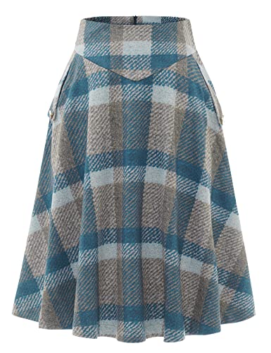 Rock Damen Lang Vintage Elegant Plaid Winterrock Warm Elastische Taille A Linie Röcke Casual Rock Hohe Taille Midi Rock Blue Grey Plaid 2XL von Bbonlinedress