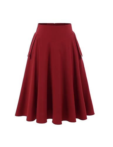 Rock Damen Sommer Knielang Röcke Tellerrock Basic Solid Vielseitige Vintage Retro Rock Casual Hohe Taille Freizeitrock Burgundy XL von Bbonlinedress