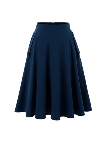 Rock Damen Sommer Knielang Röcke Tellerrock Basic Solid Vielseitige Vintage Retro Rock Casual Hohe Taille Freizeitrock Navy XL von Bbonlinedress