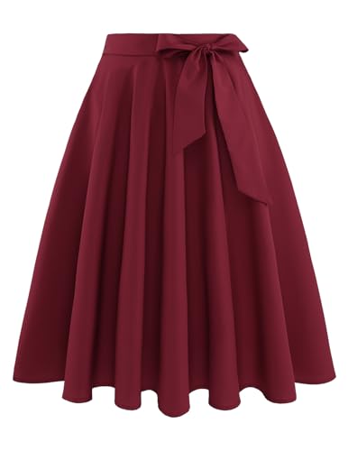 Rock Damen Sommer Knielang Röcke Vintage Rockabilly Rock Basic Vielseitige Casual Tellerrock Hohe Taille Freizeitrock Burgundy XL von Bbonlinedress