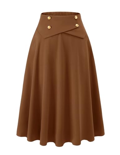 Rock Herbst Damen midilang Vintage Rock Basic Casual Röcke A-Linie Tellerrock Hohe Taille Freizeitrock mit Taschen Brown M von Bbonlinedress