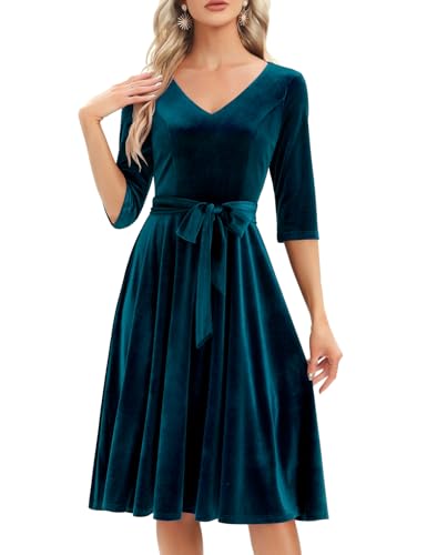 Samtkleid Damen Langarm Midilang Abendkleid elegant für Hochzeit Winter Festliche Kleider Vintage Rockabilly Cocktailkleid Party Weihnachtskleid Turquoise M von Bbonlinedress