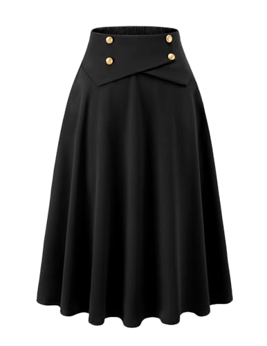 Schwarzer Rock Damen midilang Vintage A-Linie Röcke Tellerrock Basic Casual Rock Hohe Taille Freizeitrock mit Taschen Black L von Bbonlinedress
