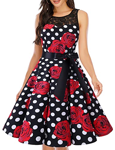 bbonlinedress 1950er Ärmellos Vintage Retro Spitzenkleid Rundhals Abendkleid Black Rose White Dot 2XL von Bbonlinedress